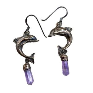 Silver dolphin earrings with purple quartz teardrop stone